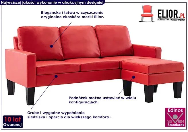 3-osobowa sofa z ekoskóry z podnóżkiem czerwona - Lencor 4Q