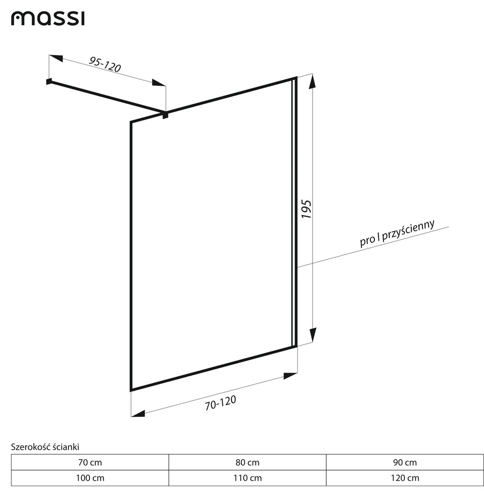 Ścianka prysznicowa Walk-in satynowa matowa prostokątna 8 mm MOLIS Satin Classic MASSI | rożne rozmiary : Kolor profili kabiny - złoty szczotkowany, Szerokość ścianki - 120 cm, Typ montażu - WALK in FIX (Do ściany)
