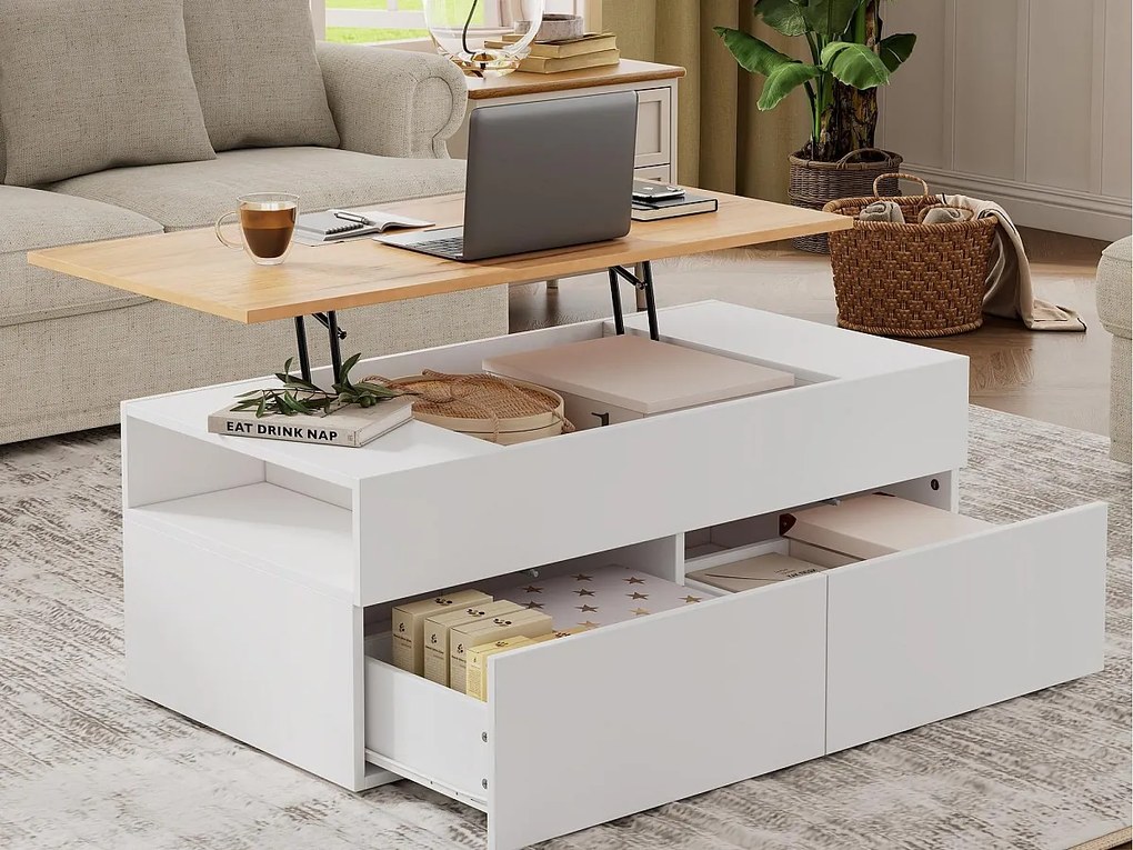 Stolik kawowy regulowany 100×50×40 cm - z 2 szufladami - MDF - biały + naturalny