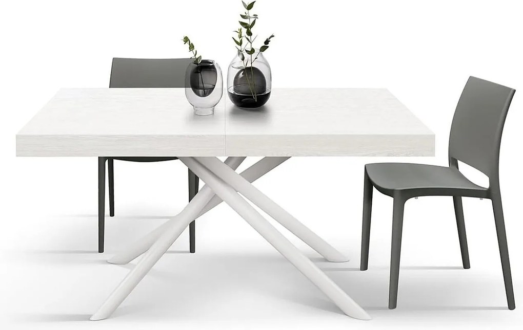 Stół drewniany, wykończenie białe, podstawa metalowa pomalowana na biało, 180×90–260×90 - CARRARA