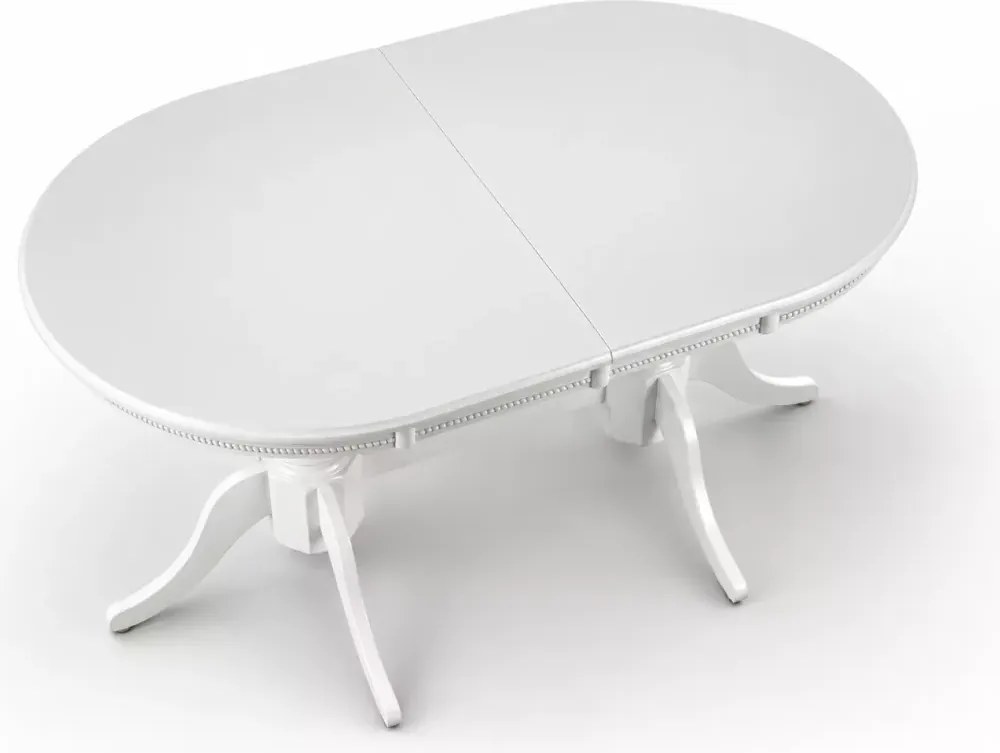 Biały stół Celeste 150-190x90 – elegancki owalny rozkładany stół z MDF lakierowanego na drewinaych rzeźbionych nogach