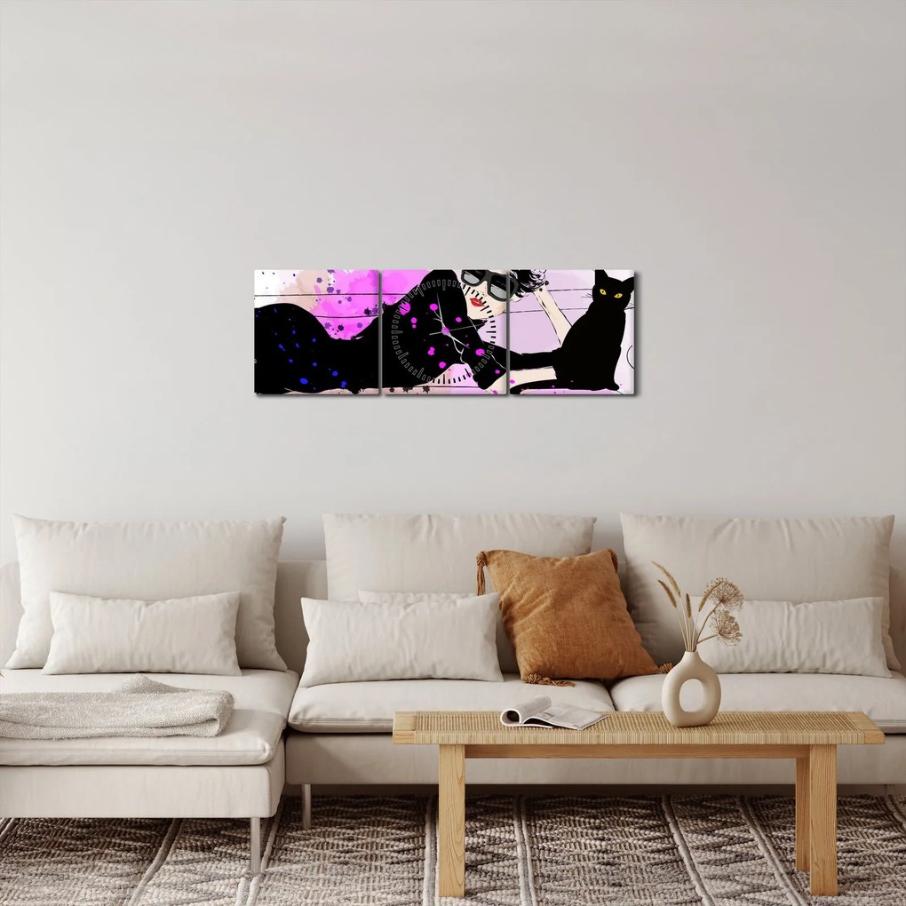 Obraz - Kobieta z czarnym kotem (z zegarem) (90x30 cm)
