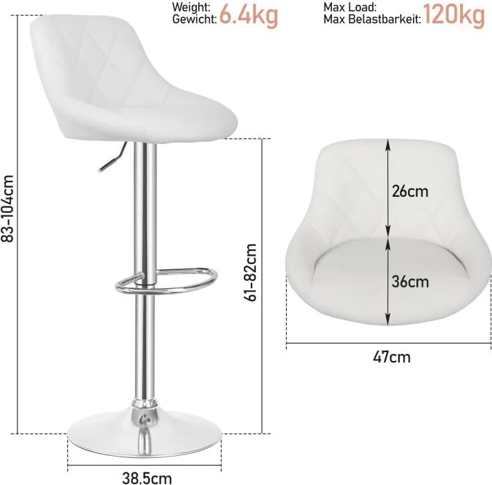 MIADOMODO Stołek barowy 2 szt, bez podłokietnika, biały