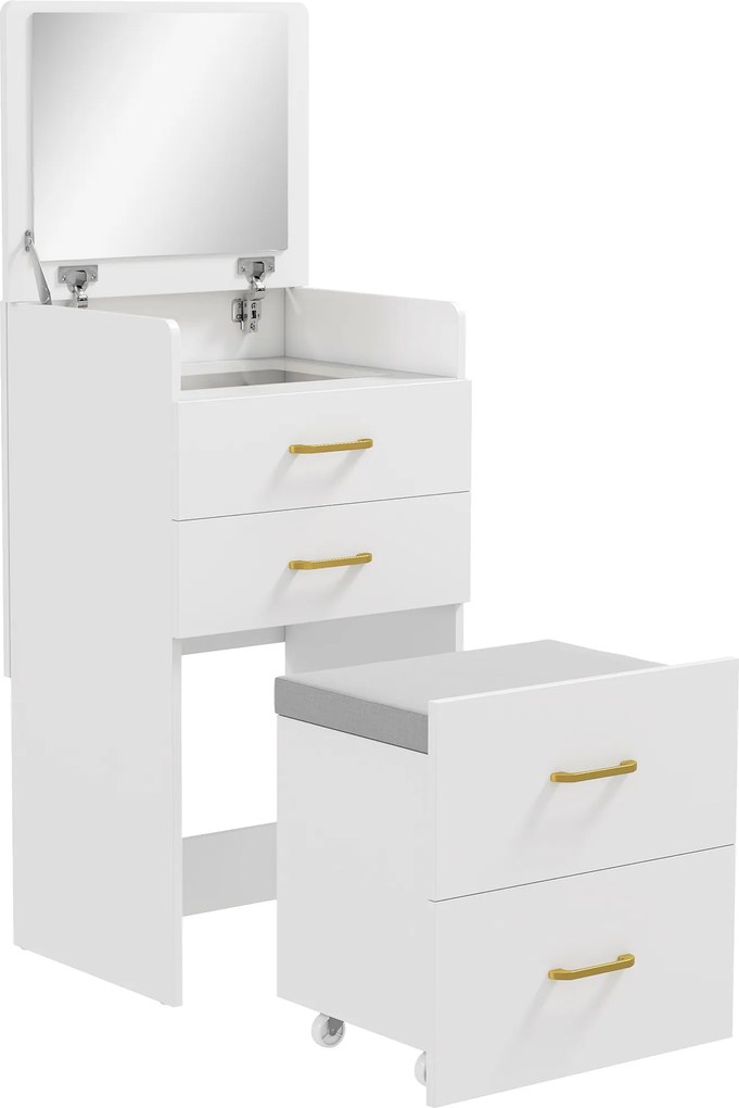 HOMCOM Toaletka 3-w-1 z lustrem, stolik nocny, hoker na kółkach, szuflady, Biały