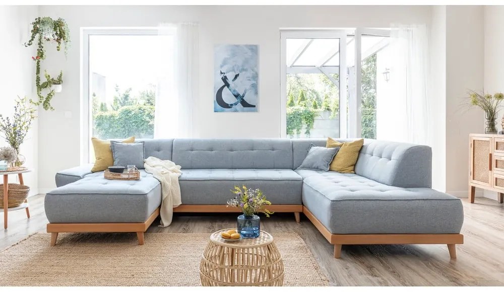 Jasnoniebieska rozkładana sofa w kształcie litery "U" Miuform Dazzling Daisy, prawostronna