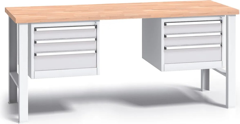 Profesjonalny stół warsztatowy G3 z drewnianym blatem roboczym, 2000 mm, 2x 3 szufladowy kontener, szary