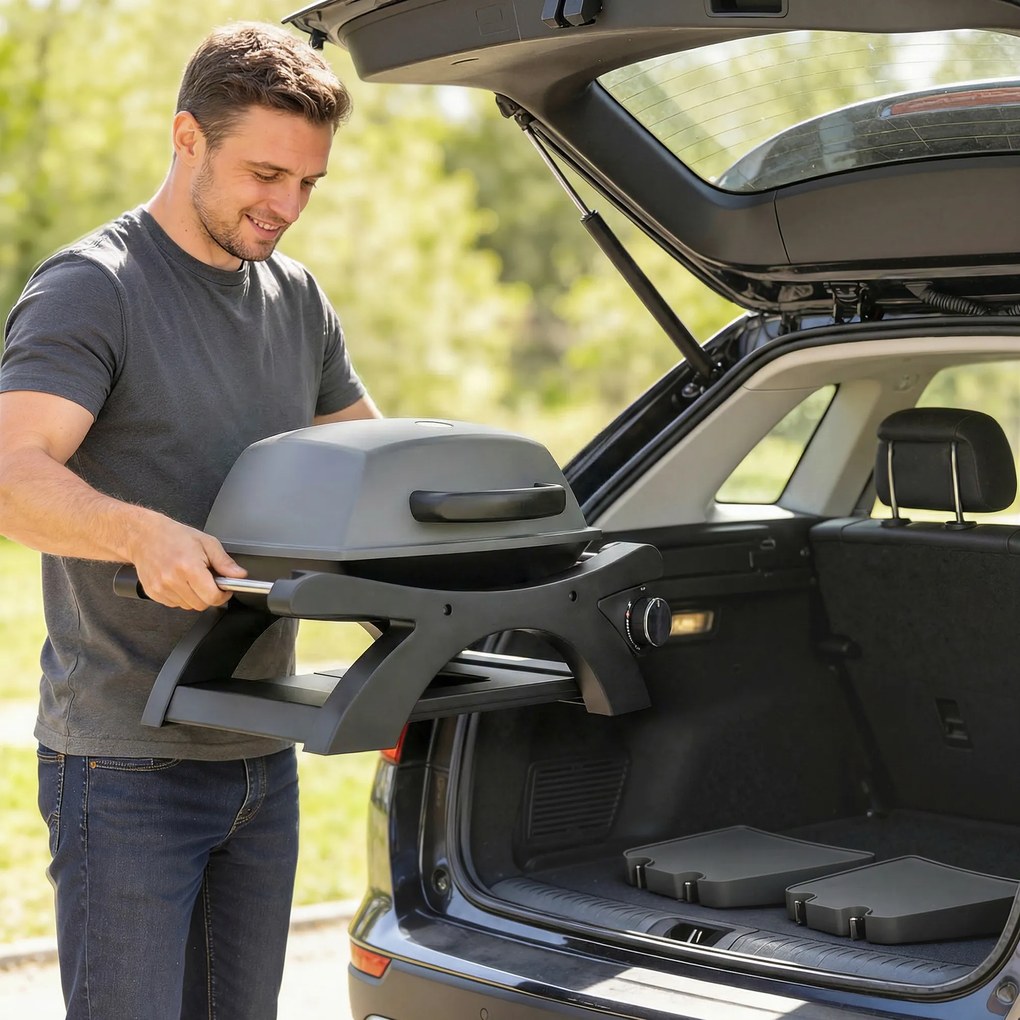 Outsunny Grill gazowy 3,3 kW Stołowy grill z 1 palnikiem składane boczne stoliki ruszty żeliwne wyjmowana taca na tłuszcz | Aosom PL