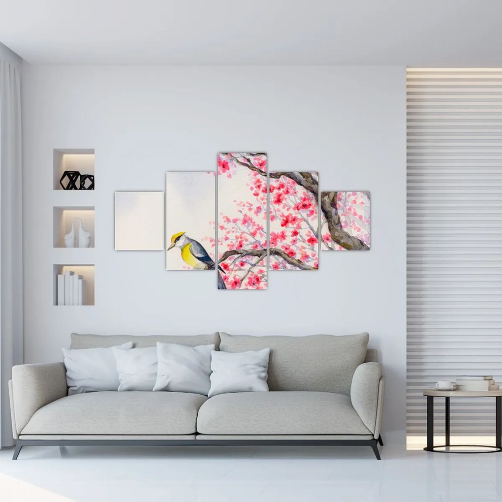 Obraz - ptak na drzewie z czerwonymi kwiatami (125x70 cm)
