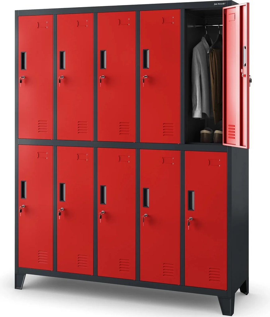 Metalowa szatnia 10-skrytkowa Bartek 136x45x172 cm antracyt/czerwony