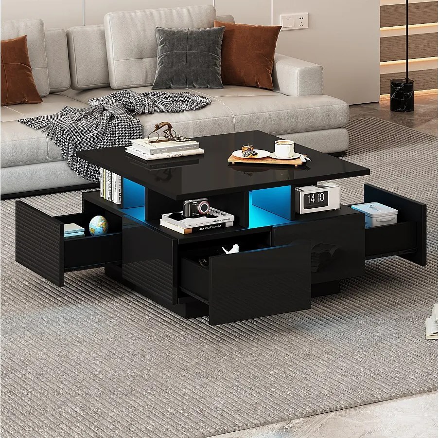 Stolik kawowy błyszczący - 70 x 70 x 40 cm - z diodami LED + 4 szuflady - Płyta wiórowa - czarny