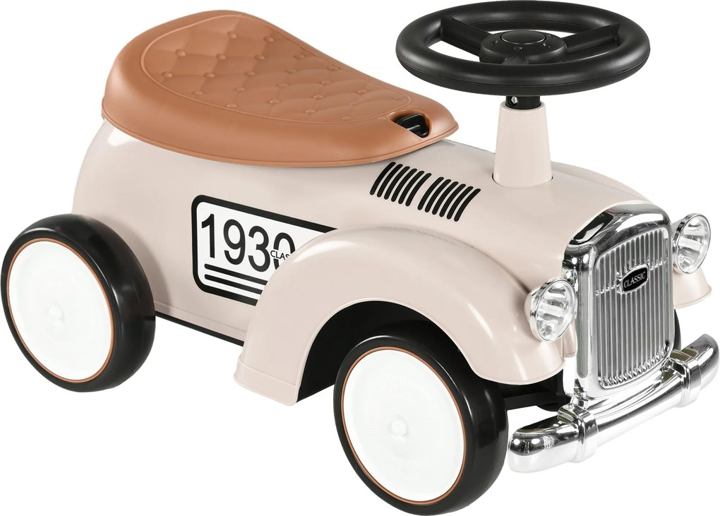 AIYAPLAY Dziecięce Auto do Pocierania, Design Vintage, Ukryty Schowek, System Antywywrotowy, Klakson, 12-36 Miesięcy, Kremowy