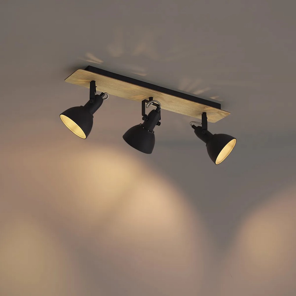 Czarny reflektor sufitowy z drewnem, 3-punktowy, obrotowy i przechylny - Jakub
