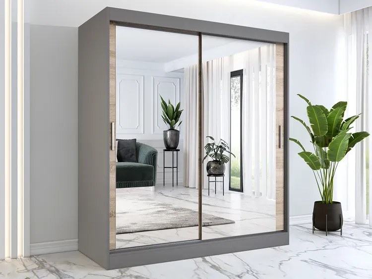 Szafa przesuwna z lustrami 180 cm antracyt + dąb sonoma R6-R95