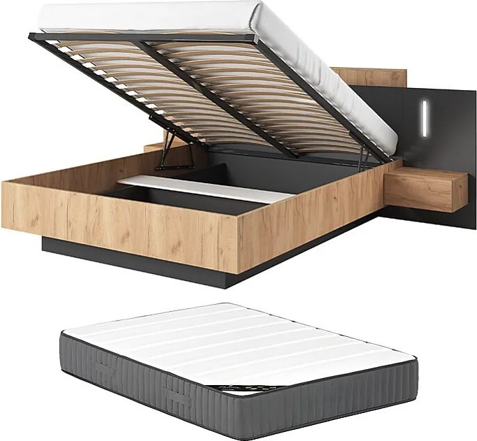 Łóżko ze skrzynią i szafkami nocnymi 160 x 200 cm - 2 szuflady - Z oświetleniem LED - Kolor: Naturalny i antracyt + Materac - FRANCOLI