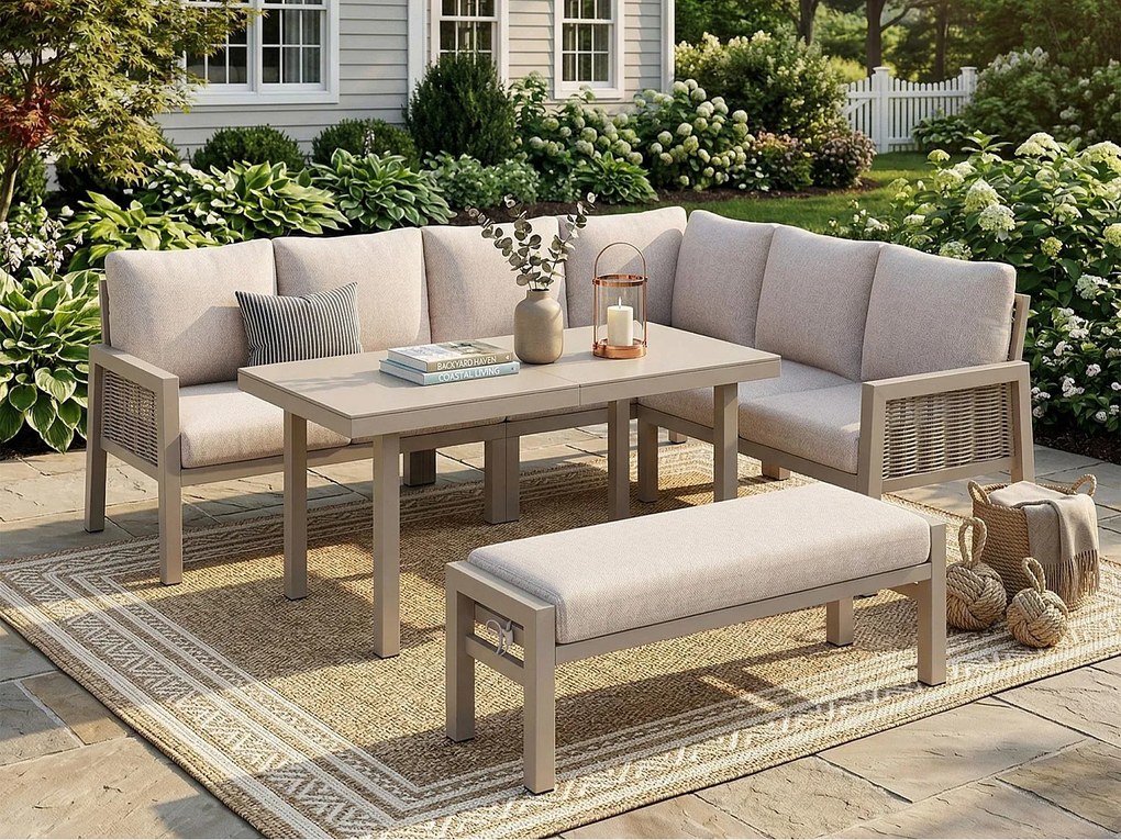 Salon Ogrodowy XL 8 Osób - Zestaw Jadalniany Narożny z Dużym Stołem i Ławką - Ręcznie Pleciony Sznur - Stal Ocynkowana i Szkło - Khaki