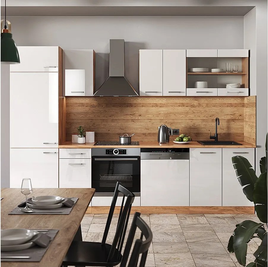 Aneks kuchenny biały wysoki połysk/złoty dąb power 300x46x81.6 r-line