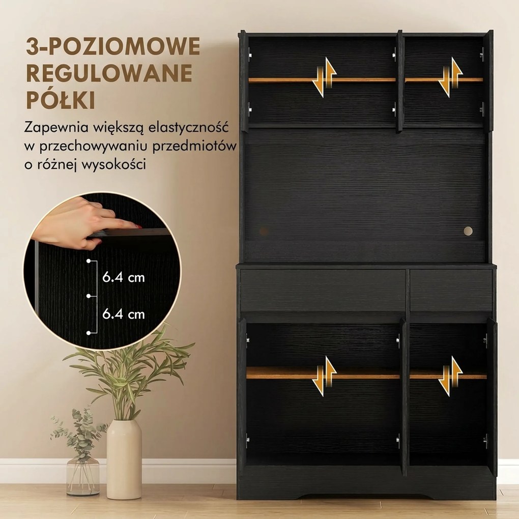 HOMCOM Szafka kuchenna z blatem, 6 drzwi, wysoka szafka z półkami, czarna | Aosom PL