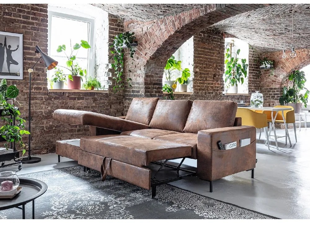 Brązowy narożnik rozkładany z imitacji skóry Miuform Lofty Lilly Vintage, lewostronny