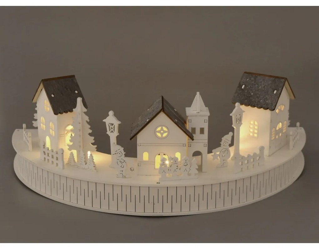 Drewniana dekoracja LED Wioska z kościołem, 40 x14 x 20 cm, półkole