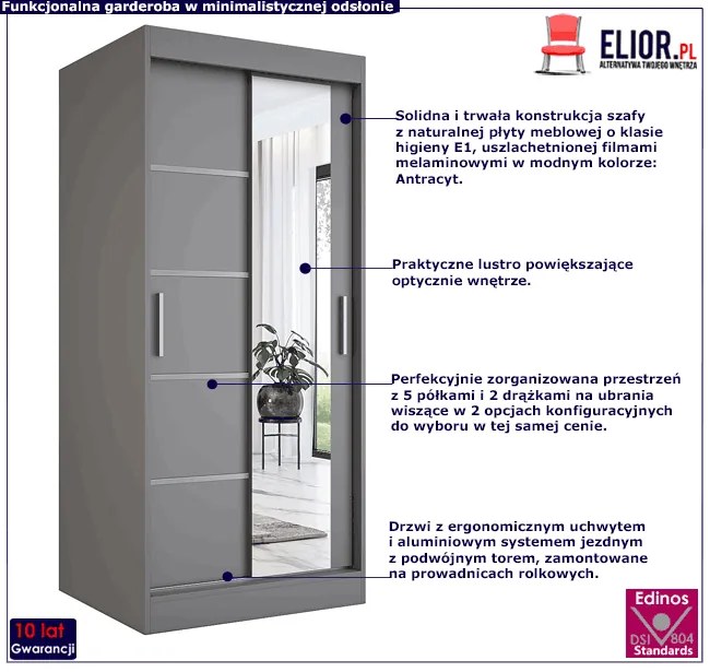 Antracytowa szafa przesuwna z lustrem - Marmos 2X