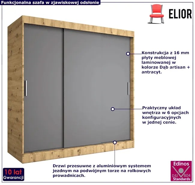 Szafa przesuwna 200 cm dąb artisan + antracyt - Erco 6X
