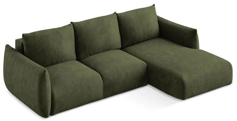 Zielony rozkładany narożnik z tkaniny szenilowej (prawostronny/z szezlongiem) Leila – Makamii