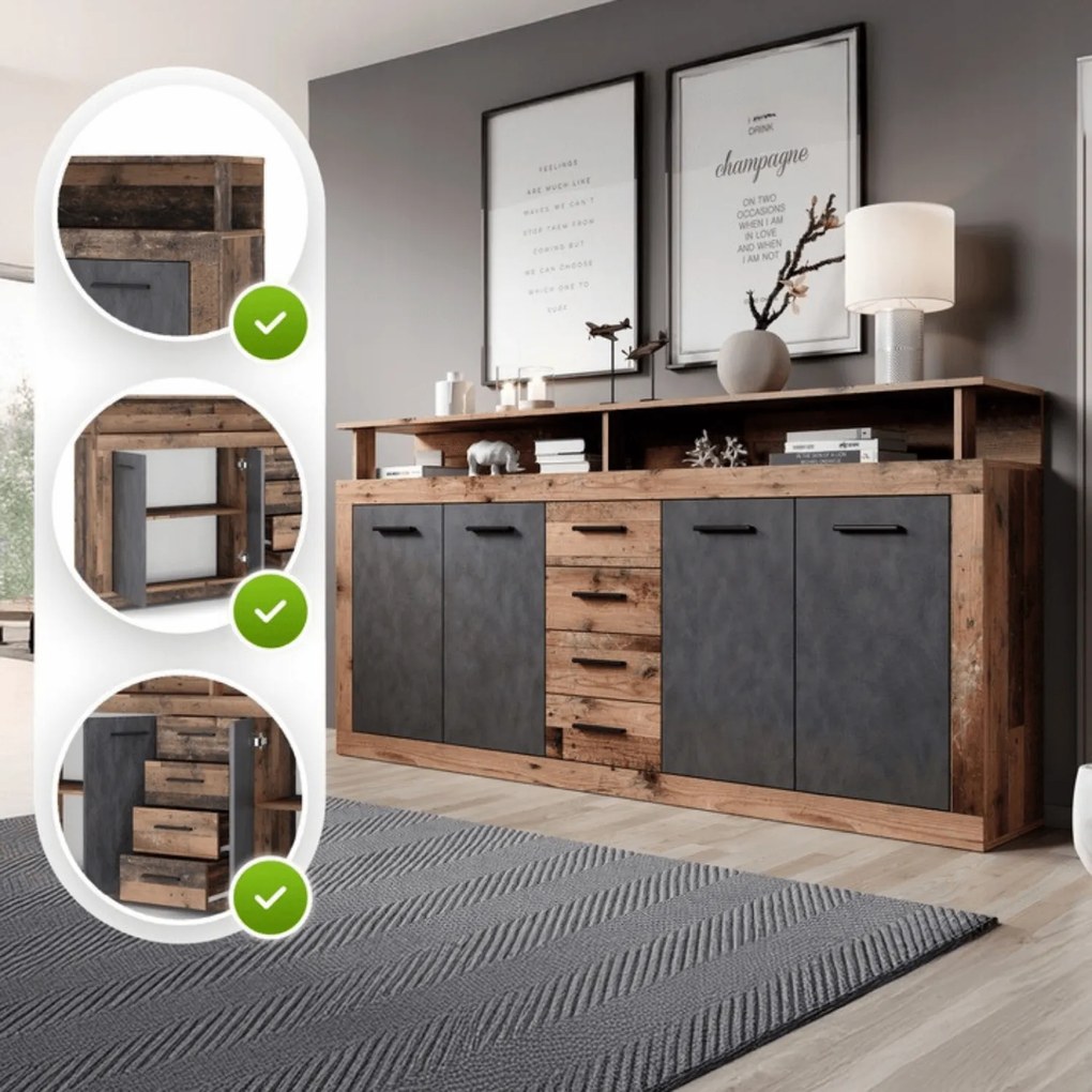 Komoda Czterodrzwiowa BLAGO 190 cm Ciemny Dąb/Czarny Loft