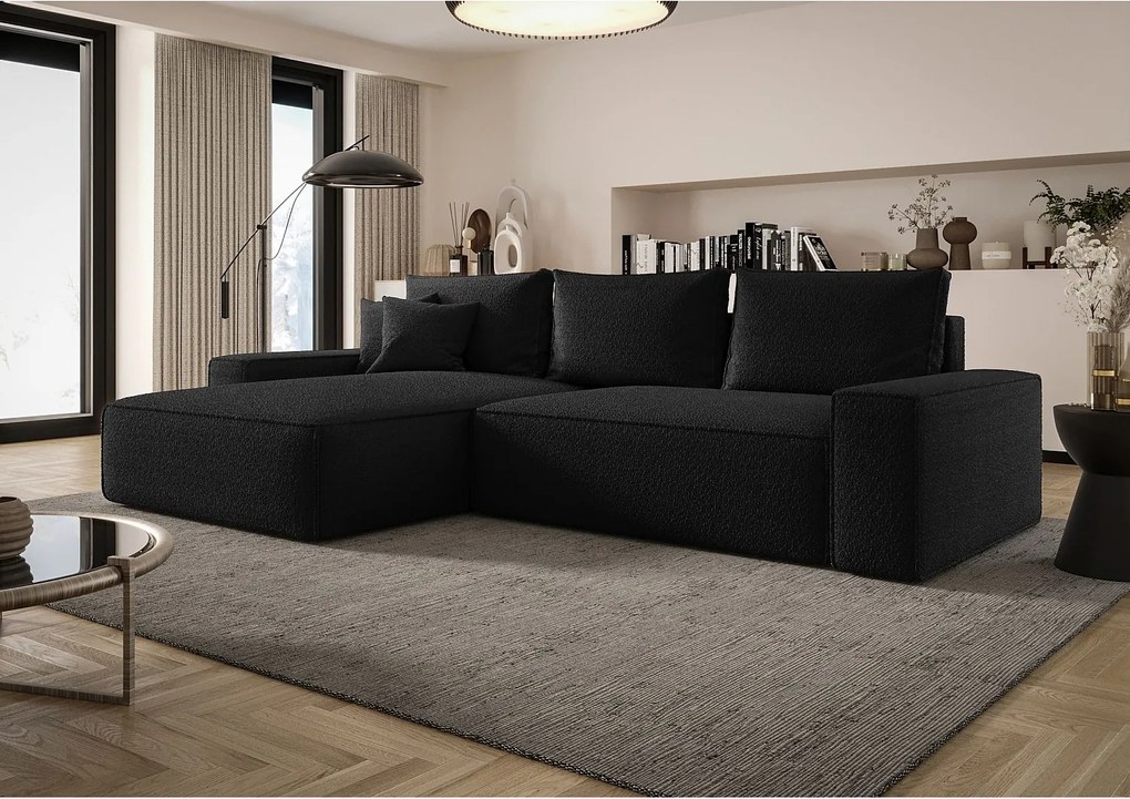 NAROŻNIK MONA z funkcją spania QUELLE 100 Czarny Lewy Sofa w kształcie L z pojemnikiem na pościel, sofa rozkładana, sofa do salonu