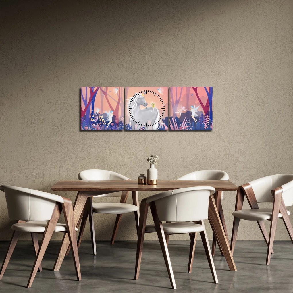 Obraz - Jednorożec w magicznym lesie (z zegarem) (90x30 cm)
