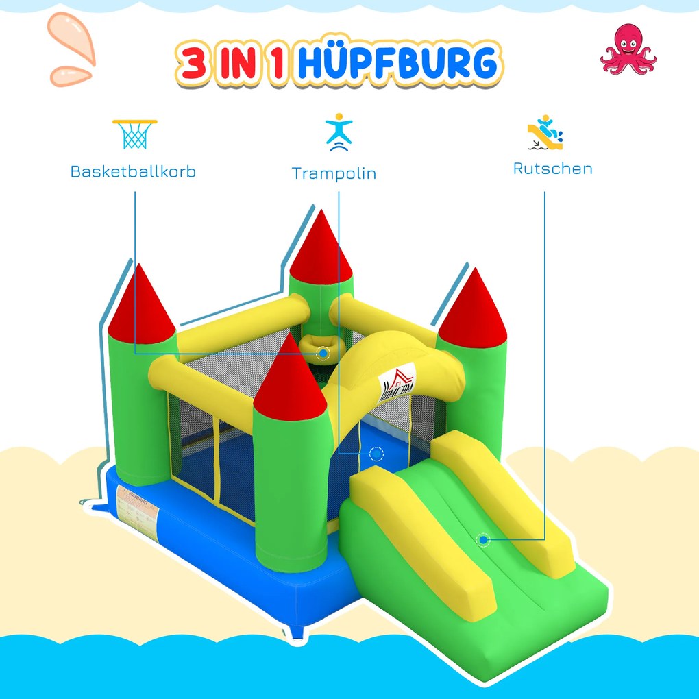 HOMCOM Zamek Skaczący z Zjeżdżalnią i Siatką Bezpieczeństwa, do 100 kg, 3-10 lat, 300x180x160cm