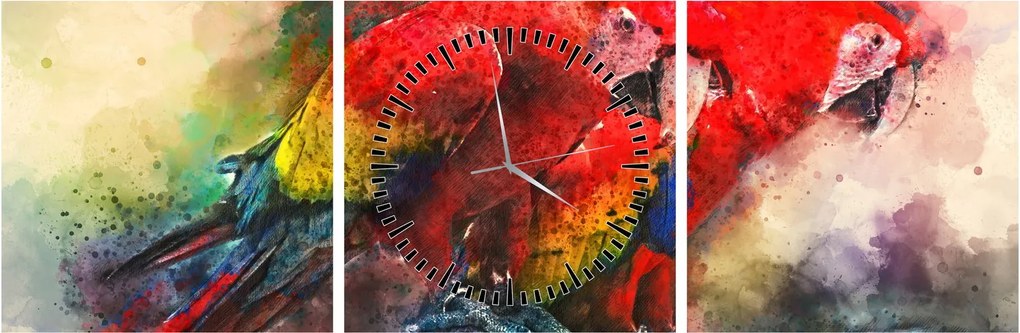 Obraz czerwonych papug Ara (z zegarem) (90x30 cm)
