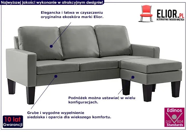 3-osobowa szara sofa z ekoskóry z podnóżkiem - Lencor 4Q