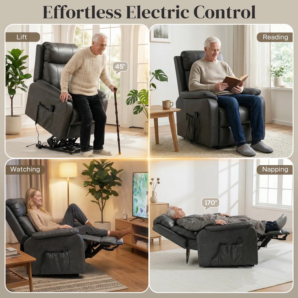 HOMCOM Fotel dla seniorów z funkcją podnoszenia i relaksu, elektryczny fotel z ekoskóry, podwójny silnik, sprężyny kieszeniowe, czarny | Aosom PL
