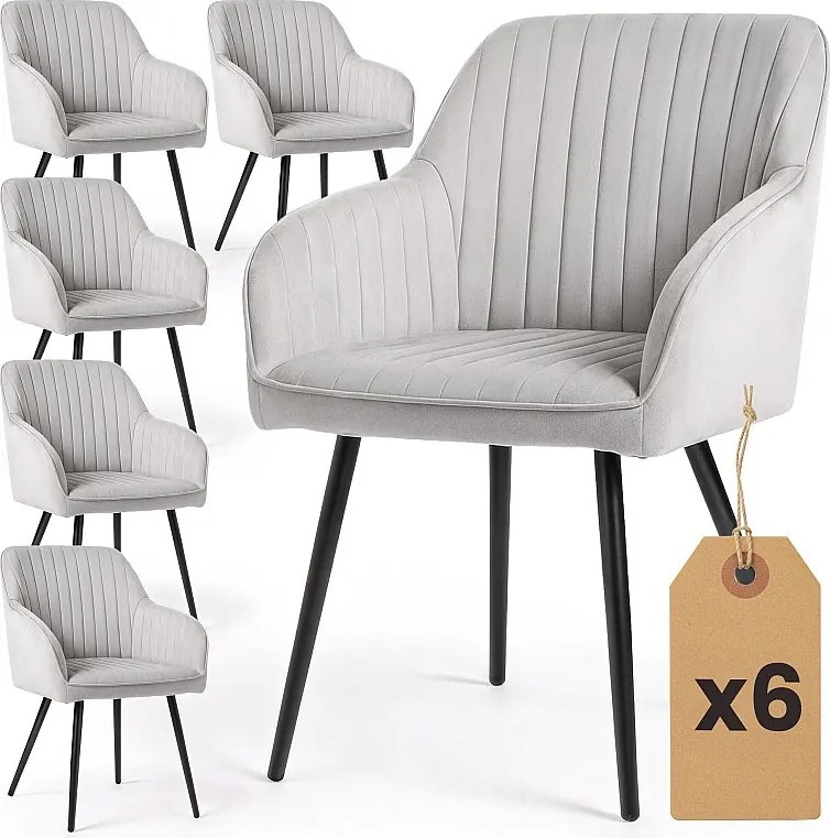 6x Welurowe krzesło tapicerowane z przeszyciami Szary FLORENCE Czarne nogi