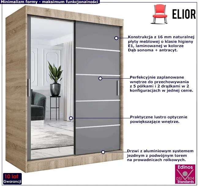 Szafa przesuwna dąb sonoma + antracyt 150 cm - Ebia 4X