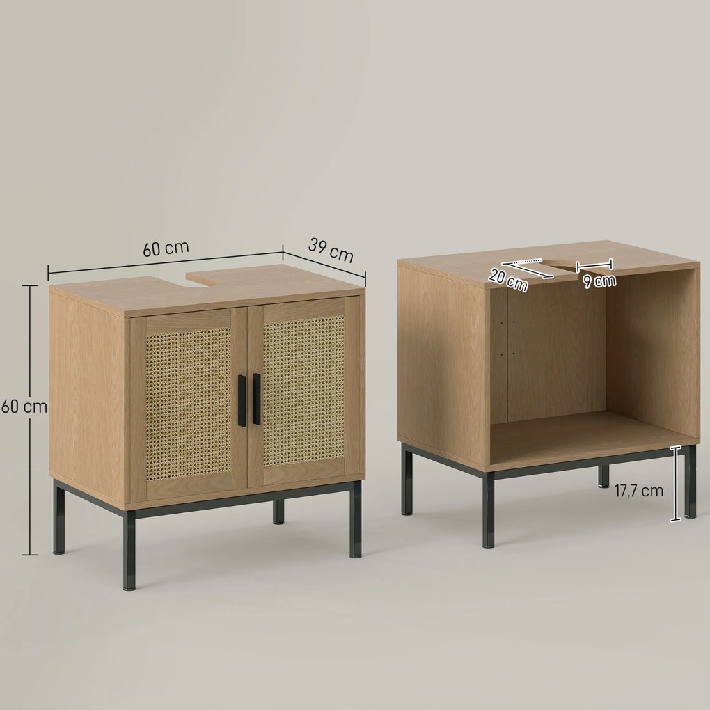 kleankin Szafka łazienkowa w stylu Boho, z rattanowymi elementami, z wycięciem pod umywalkę, Dąb