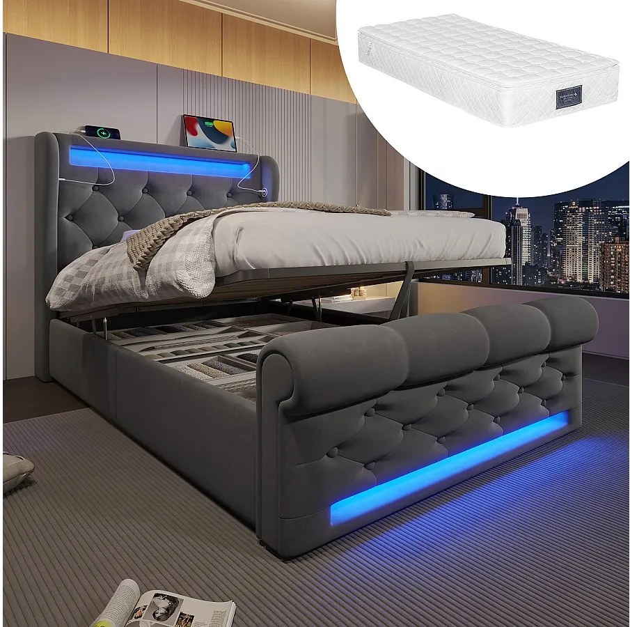 Łóżko tapicerowane ze schowkiem - 90 x 200 cm - z diodami LED - zagłówek ze schowkiem i USB - z materacem - aksamit - szary