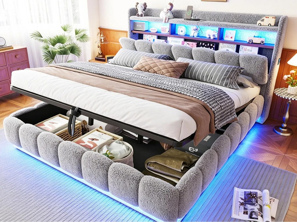 Łóżko skrzyniowe tapicerowane 180x200 cm - z oświetleniem LED - z portem USB - Szary (materac nie w zestawie)
