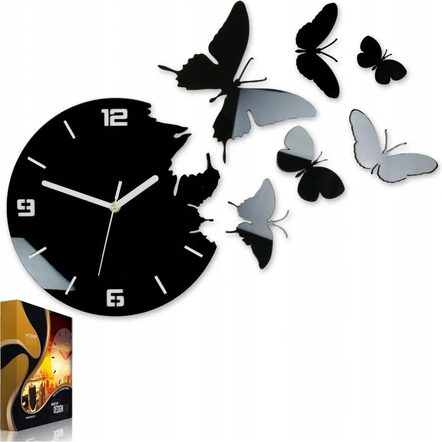 Zegar ścienny nowoczesny do salonu lub sypialni akrylowy czarny z motylami