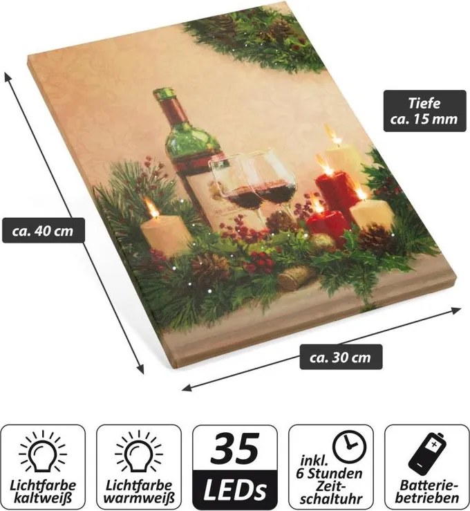 Podświetlany obraz - świece z winem, 5 LED, 30 x 40 cm