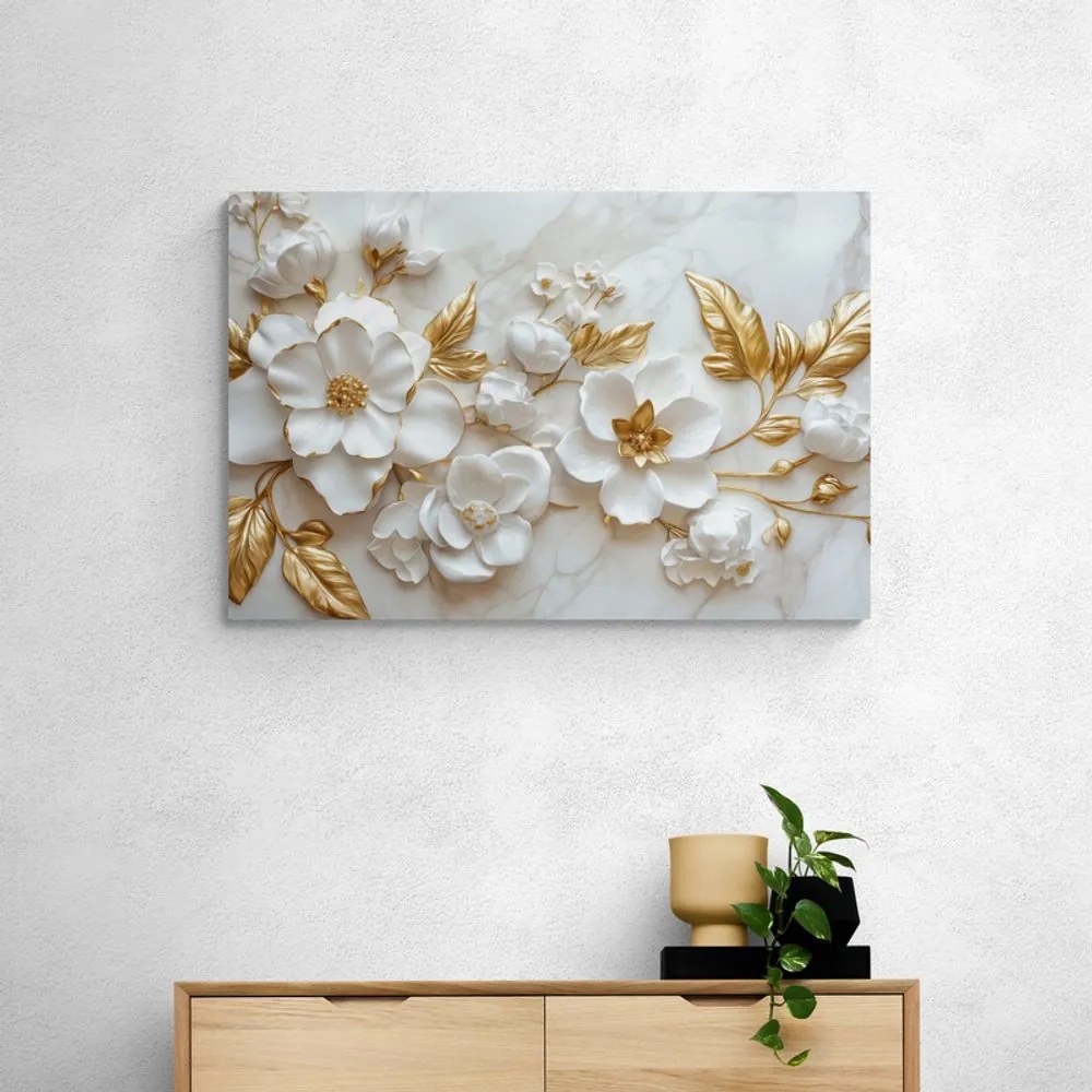 Obraz 3D kwiaty ze złotymi liśćmi