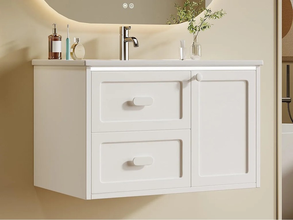 Wiszący mebel łazienkowy 76x46x51 cm - z ceramiczna umywalką - 2 szuflady i 1 drzwi - z LED - Biały