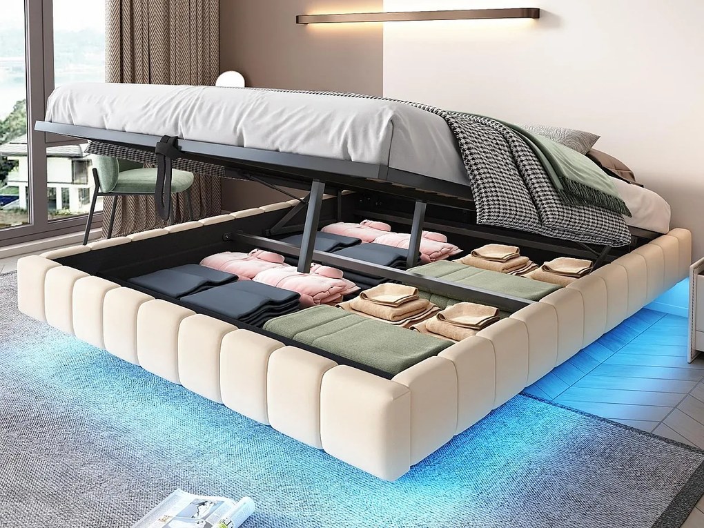 Łóżko z tapicerowanym stelażem 160x200 cm - bez wezgłowia - z oświetleniem LED - len - beżowe (materac nie jest w zestawie)