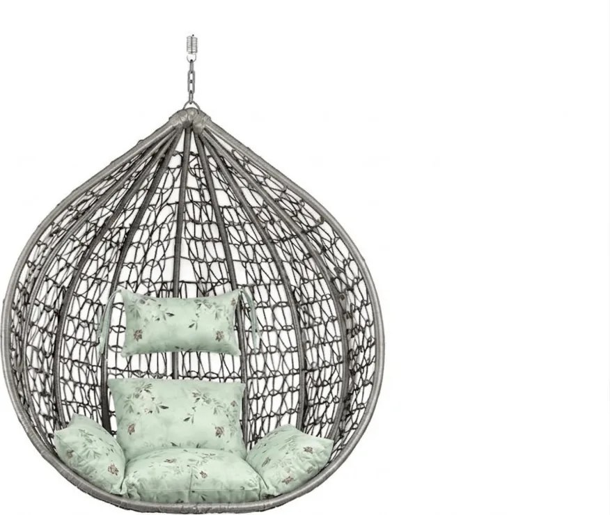 Szare wiszące krzesło KOKON bez stojaka, jasny zielony poduszka ze wzorem