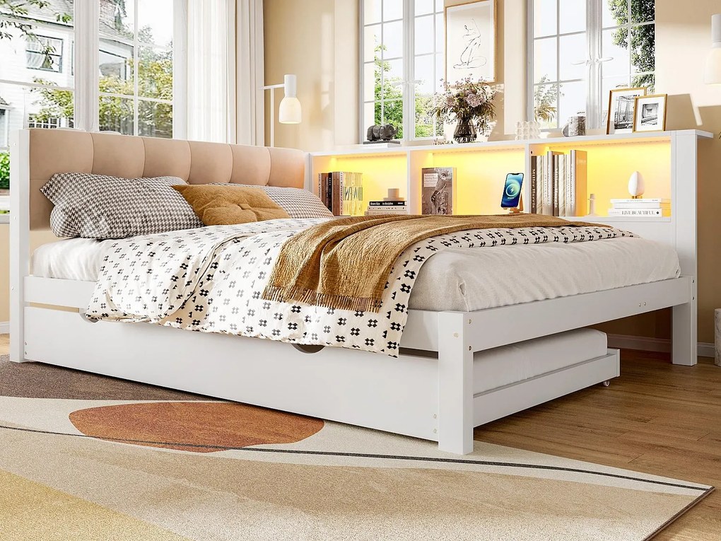 sofá cama 140×200 cm - z łóżkiem wysuwanym - z taśmą LED - z portem USB - biała (materac nie jest zawarty)