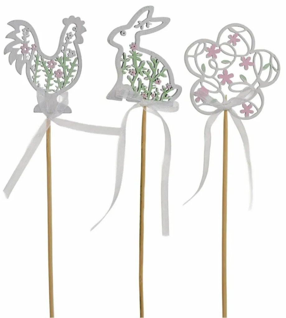 Zestaw drewnianych ozdób: królik, kura i kwiat, 3szt., wys. 30 cm