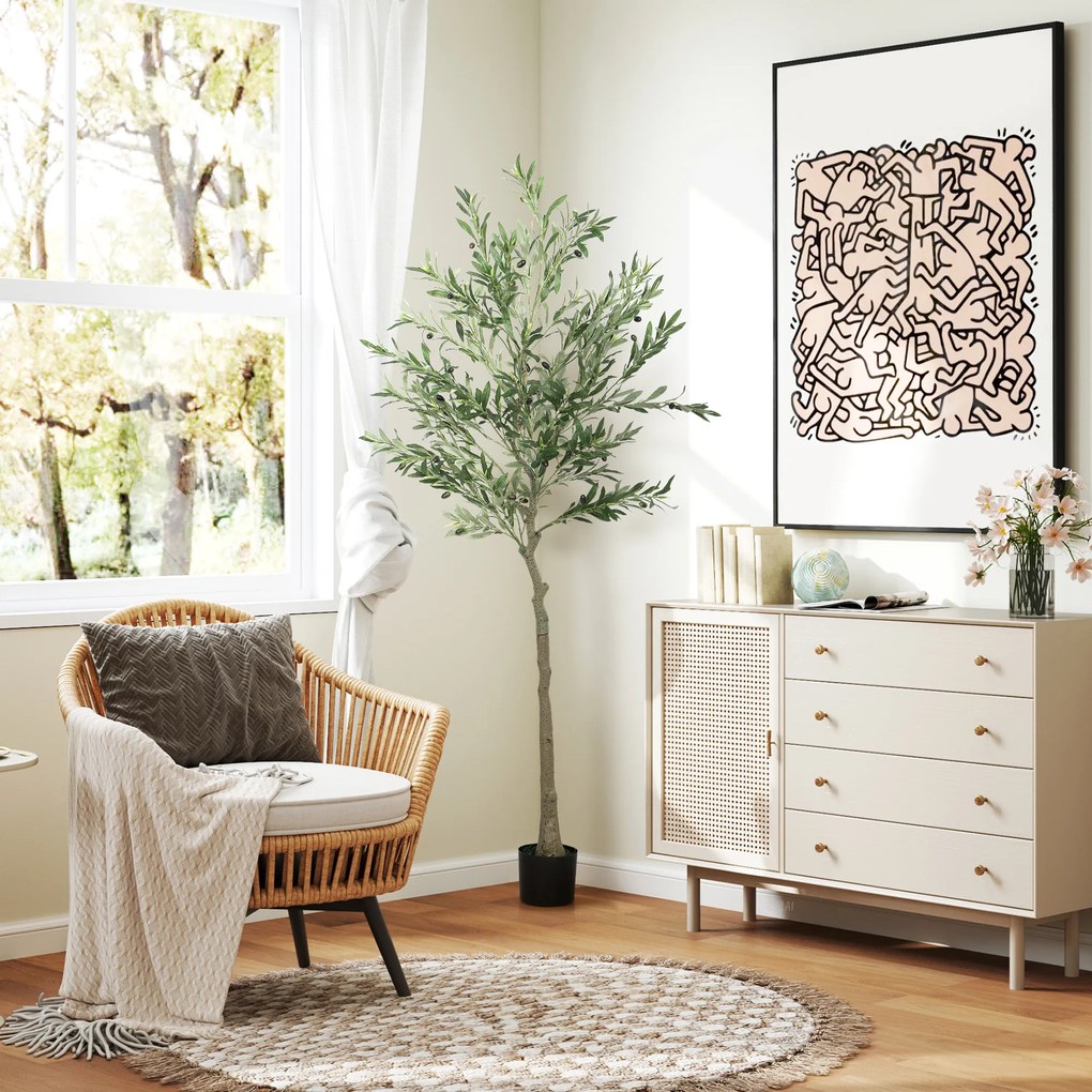 HOMCOM Sztuczna Roślina, Sztuczne Drzewo Oliwne, 180 cm, 900 Liści, 40 Owoców, Stabilna Doniczka, Dekoracyjna Roślina, Zielona