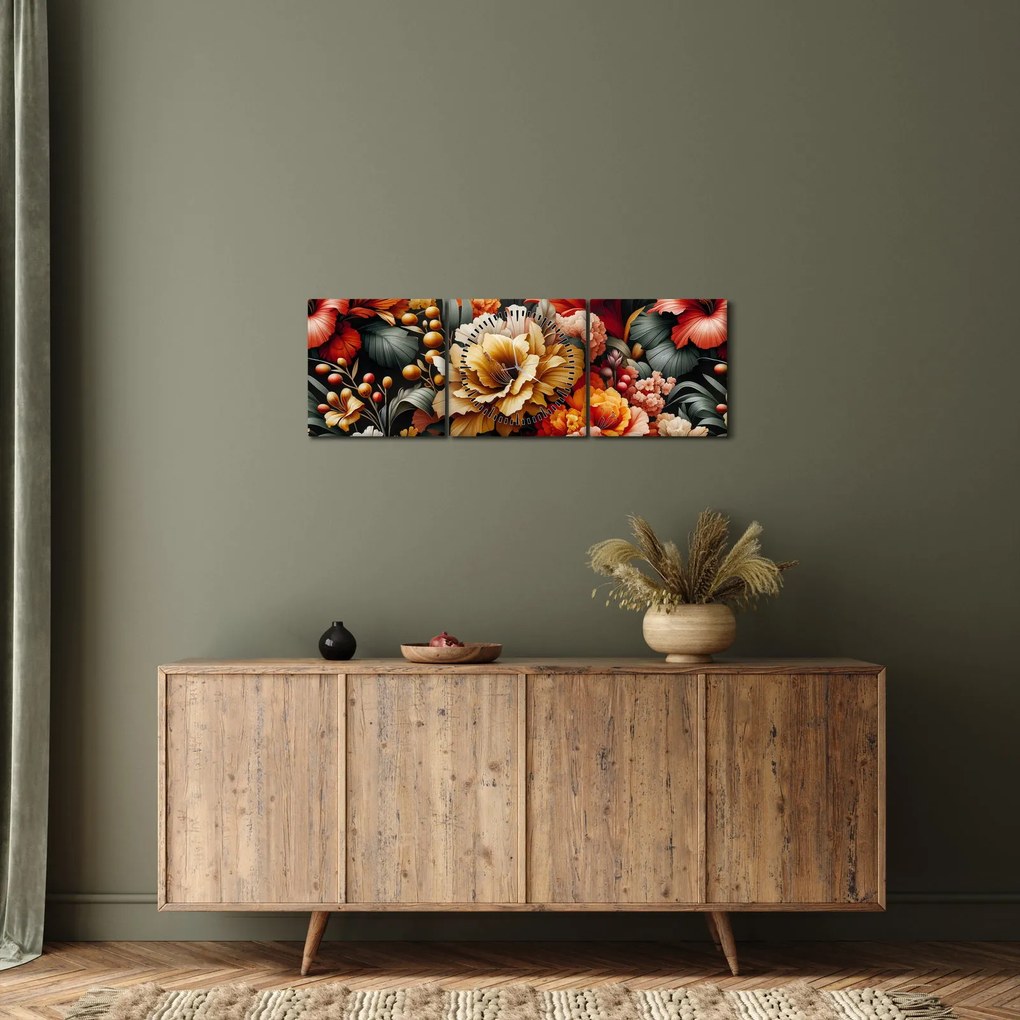 Obraz - Pomarańczowo-czerwone kwiaty (z zegarem) (90x30 cm)