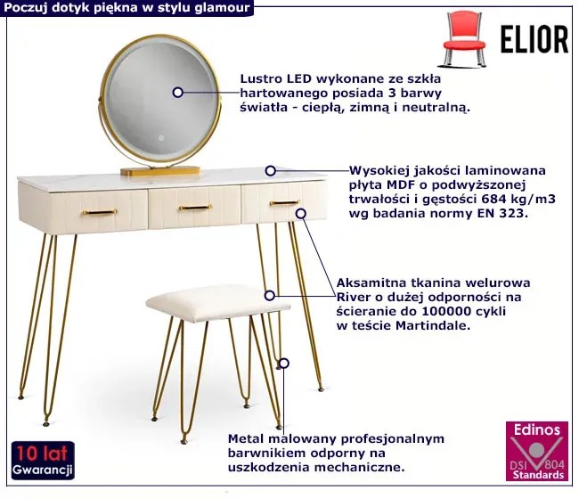 Kremowa tapicerowana toaletka glamour z 3 szufladami - Merina