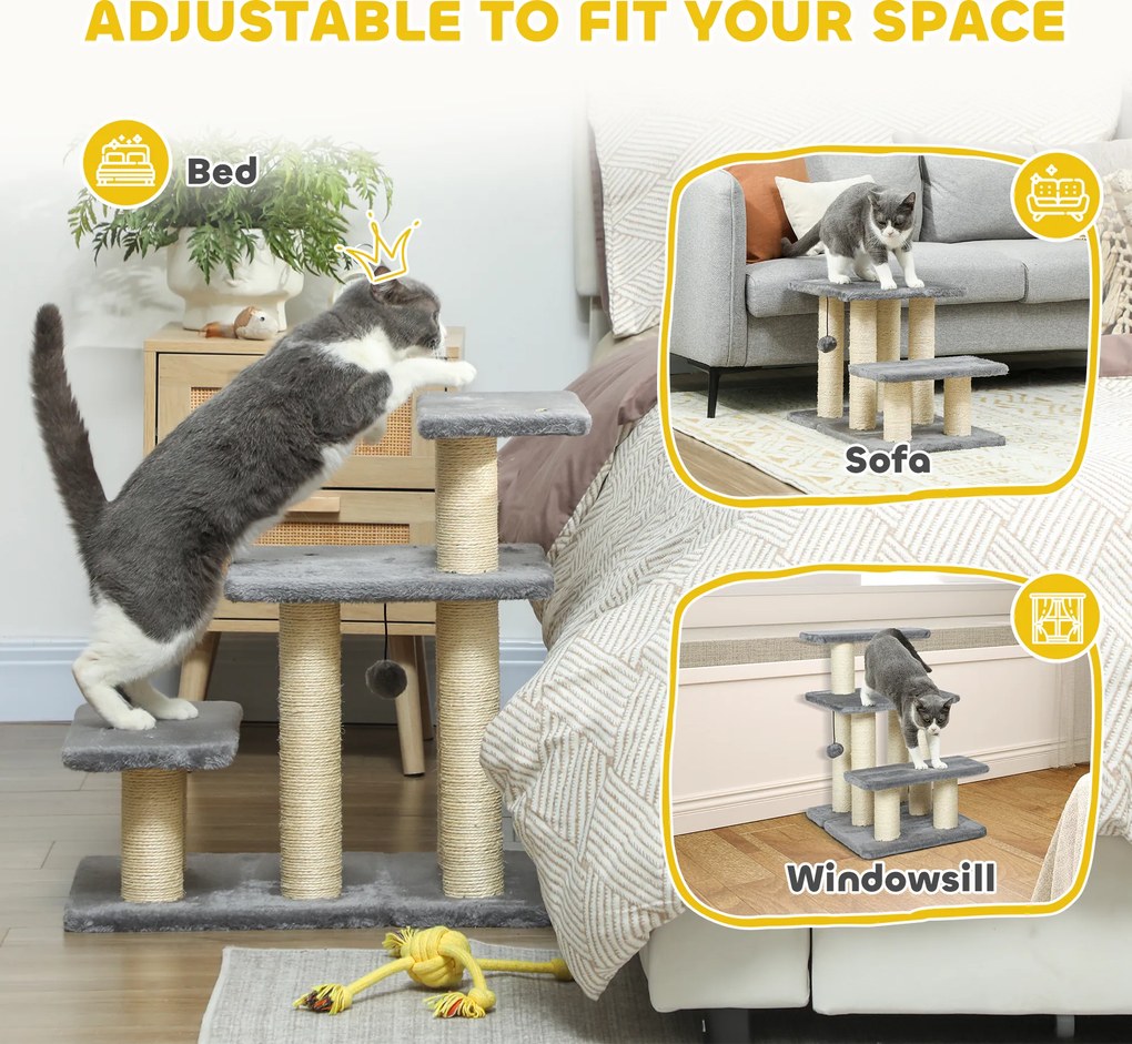 PawHut Schodki dla psa 3-stopniowe 54 cm wysokości, schodki dla małych psów i kotów z sizalowymi słupkami, piłeczka do zabawy